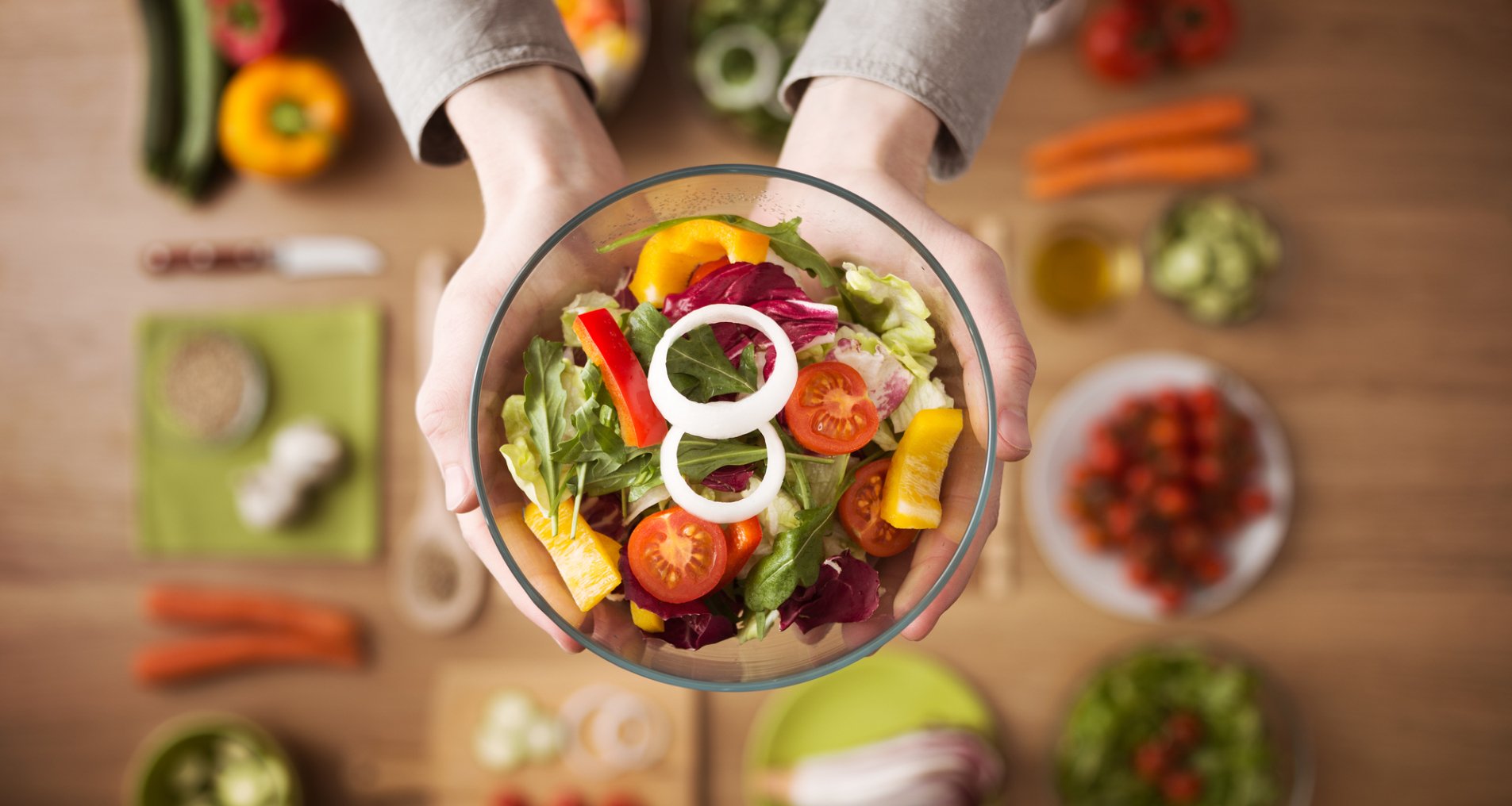 Colorful balanced plate with vegetables and grains